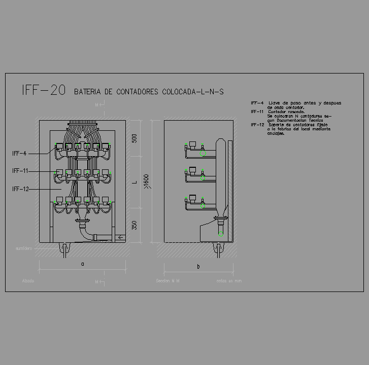 Bloque Autocad Batería de contadores colocada-L-N-S